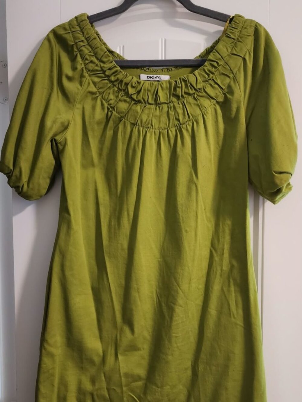 DKNY Chartreuse Olive Green Pleated Gathered Neck Peasant Shift Dress Size S